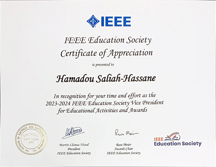 En reconnaissance de votre temps et de vos efforts en tant que Vice-Président de la société d'éducation de l'IEEE pour 2023-2024 pour les activités éducatives et les prix.